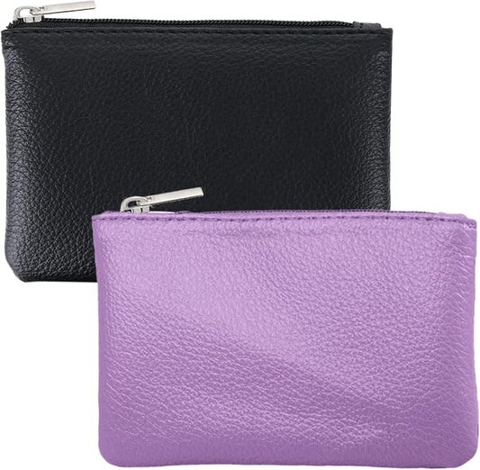 2 Pack Leather Zipper Coin Purse, Portable PU Leather Coin Purse,Mini Coin Pocket Pouch Change Holder, Coin Pouch with Zipper for Men Women Headset Credit Card ID Key Lipstick (Black&Purple)
