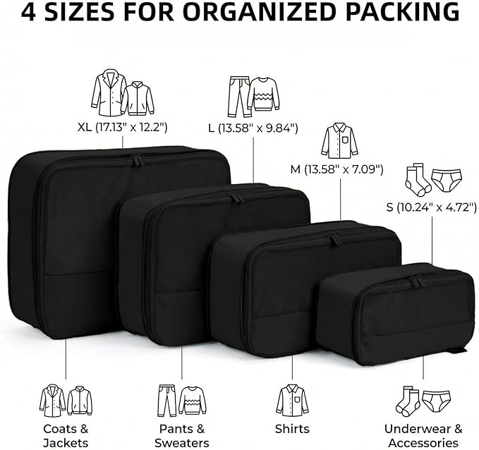 4 Piece Compression Packing Cubes for 3–7 Day Travel, Space Saving Travel Organizers with Breathable Mesh, Double-Zipper Packing Cubes for Carry-On & Suitcases (Black)