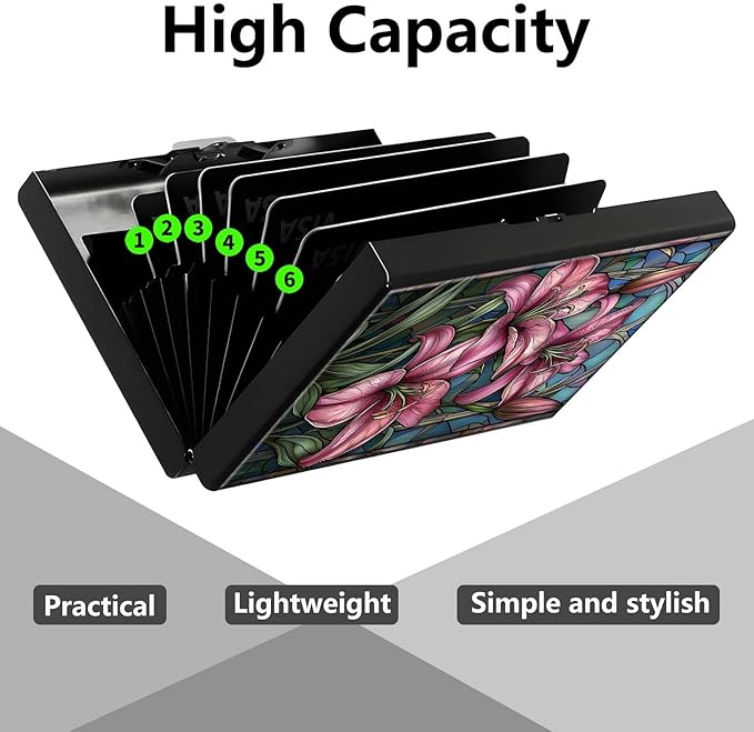 Credit Card Holder, Pink Lilies Design Mini RFID Blocking Aluminum Wallet Slim Metal Hard Case Shell Travel Wallet ID Case Small Credit Cards Case Business Cards for Women Men Girls