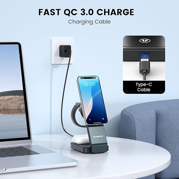 EnergyCell 3-in-1 Wireless Charging Station for Apple Devices, 15W Wireless Charger for iPhone 17/16/15/14/13/12, Apple Watch, AirPods, Magnetic Foldable Fast Charger Apple Charging Station