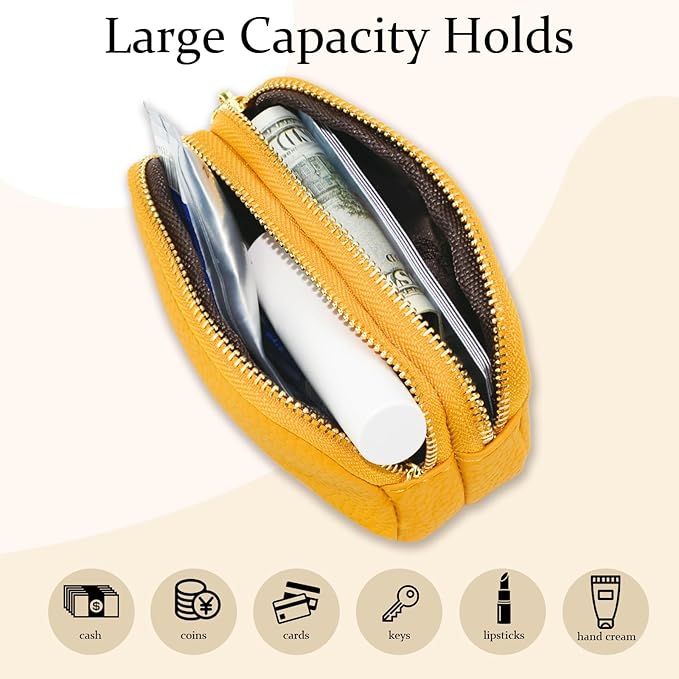 WOZEAH Leather Coin Purse for Women Small 2 Zipper Change Wallet with Key Ring Card Key Coin Cash Holder Pouch(Yellow)