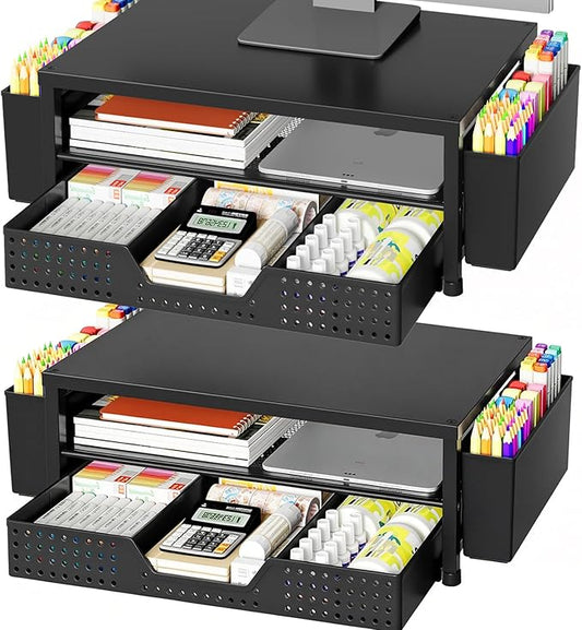 OPNICE Desk Organizer and Accessories, 2-Tier Computer Monitor Stand Riser with Drawer and 2 Pen Holders, Laptop Stand, Office Desk Accessories for Office Supplies, Black 2-Pack