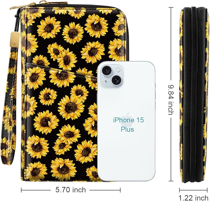 Family Passport Holder Wallet RFID Blocking Document Organizer PU Leather Mulit-purpose Travel Wallet Credit Cards Case for Women Men,Sunflowers