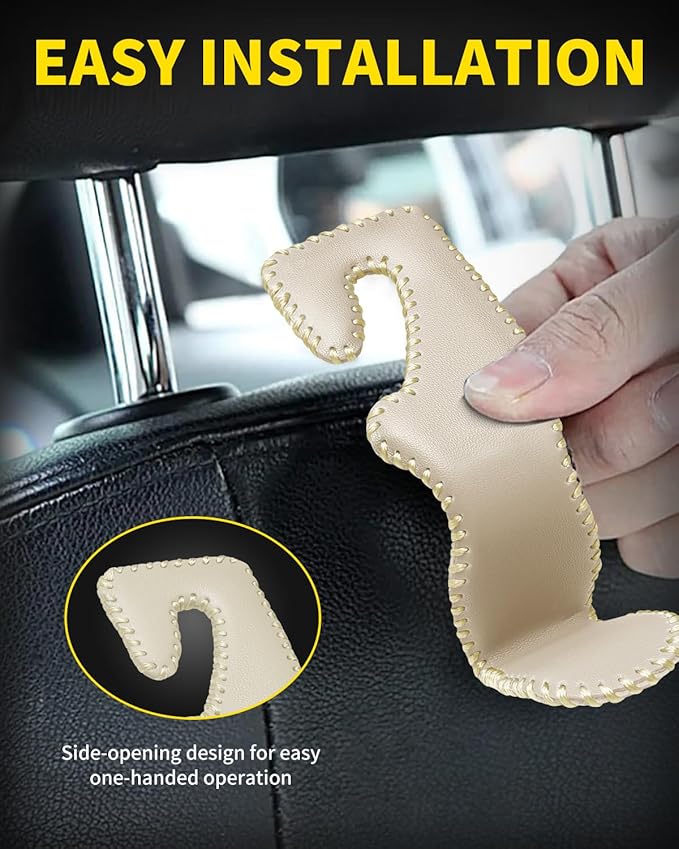 4 Pack Superior Leather Car Seat Headrest Hooks with 44 Pounds Load Capacity, Hangers Storage Organizer Universal Car Interior Accessories for Handbags Water Bottles Umbrellas, Beige