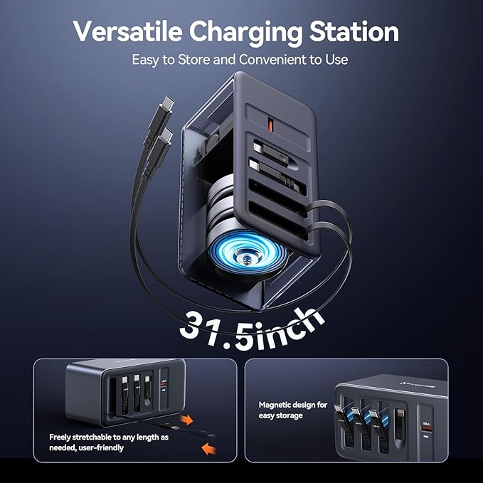 TobenONE 165W USB C Charging Station with Built-in Retractable Cable(2.3ft) & Lightning Adapter, 3 USB C, 1 USB A, 100W Desktop Fast Charging for MacBook, iPhone 17, iPad, Samsung, Home, Office