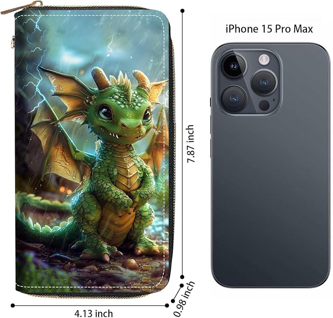 Women's Large Capacity Wallet PU Leather Zip Around Clutch Purse Multifunctional Wallet with Removable Wristlet Strap for Smart Phone/Coin/Card/Cash, Cute Dragon Baby