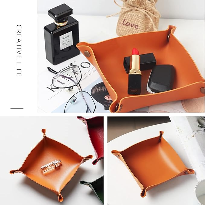 Foldable Leather Catchall Tray, Jewelry Organizer for Travel, Nightstand, Home or Office (Orange-S)