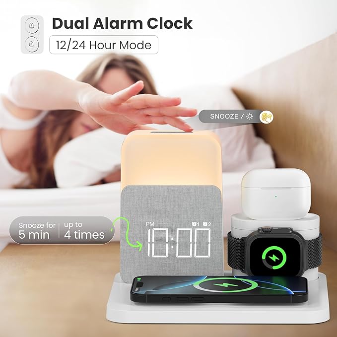 Alarm Clock Charging Station for Bedrooms, 7 in 1 Wireless Charging Station, Magnetic Charger with Night Light Bedside Clock for iPhone 17 16 15 14 13 12 Pro Max, Apple Watch, AirPods (White)