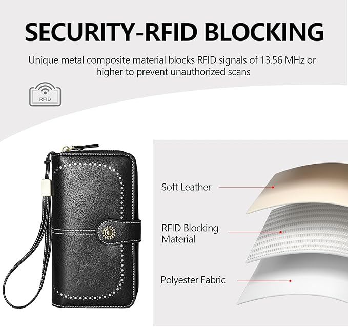 TFKGS Wallet for Women RFID Blocking Leather Large Capacity Card Holder Ladies Phone Clutch Travel Long Purse Wristlet | RFID Blocking, Leather, Large Capacity, Ladies, Travel