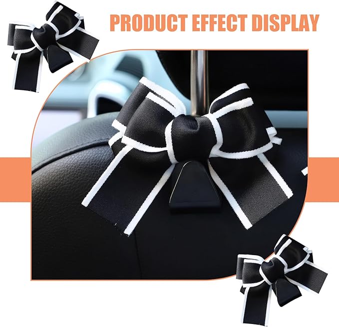 2 PCS Cute Bow Car Seat Headrest Hooks, S Type Back Seat Hanger, Universal Vehicle Storage Hanger for Handbag Purse Coat, Space-Saving Car Accessories (Black)