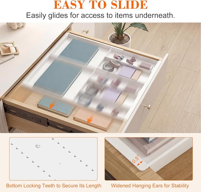 Briwooody Expandable Drawer Tray with Adjustable Dividers, 12.6-19.96 Inch Hanging Sliding Desk Organizer, 1.18'' Deep White Office Storage for Pens Paper Clips Sticky Notes Tape, Desk Accessories