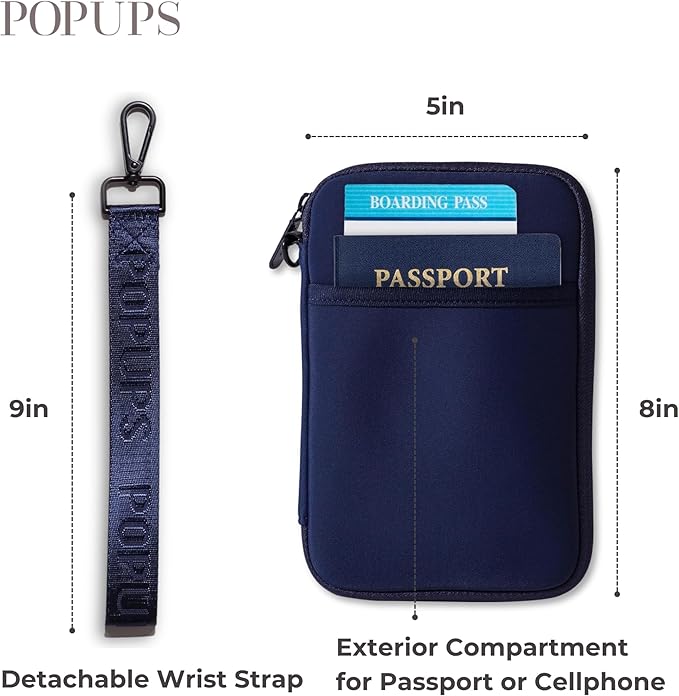 POPUPS Passport Travel Wallet for Women - Large Multiple Document Organizer and Holder with Wristlet - Deep Blue