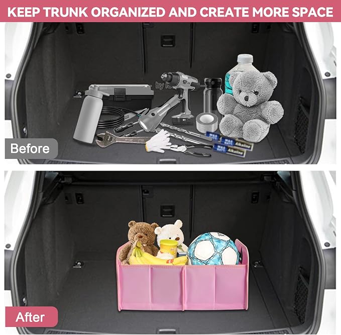 Trunk Organizer-35L Oxford Folding Car Organizer,Sturdy Car Organizer with Collapsible Multi-Compartment for SUVs and Sedans (Pink)
