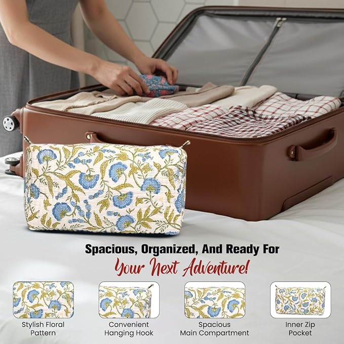 Cotton Hand Block Floral Print Toiletry Bag For Women Make Up Cosmetic Bag Jewelry Organizer Kit Storage Bag Case Travel Accessories Essential Toiletries Purse Open Pouch (White 2, Set of 1)