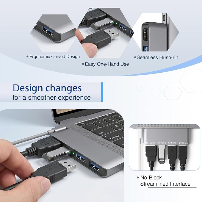 Direct-Plug USB C Hub HDMI 4K Docking Station with 3 USB 3.0 Ports 5Gbps | Flush-fit USB-C hub, easy to plug and unplug with one hand. Compact size saves desk space and enables convenient storage