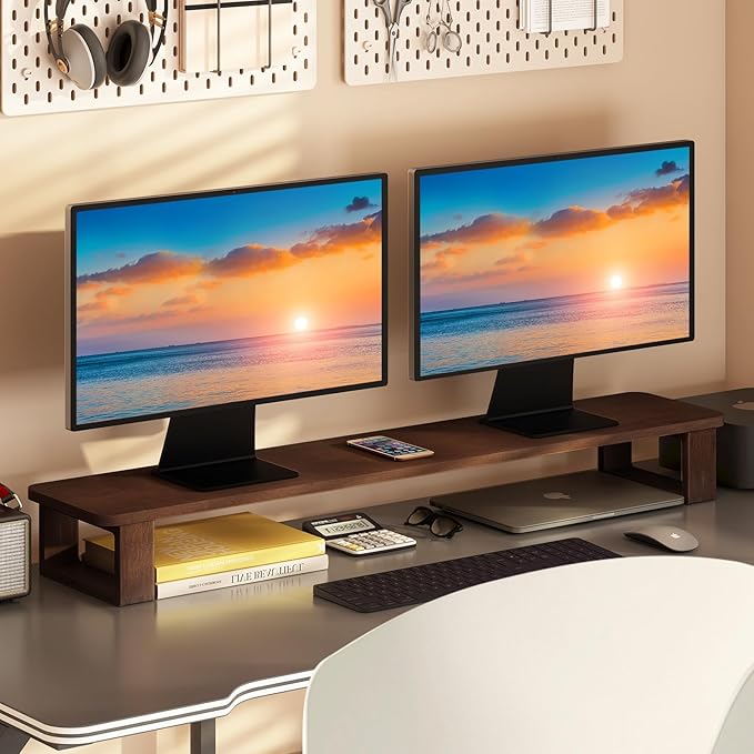 Ufine Dual Monitor Stand Riser 2 Heights Adjustable Wood Computer Monitor Stand Desktop Organizer, Large Monitor Stand for 2 Monitors, Laptop, TV, Printer
