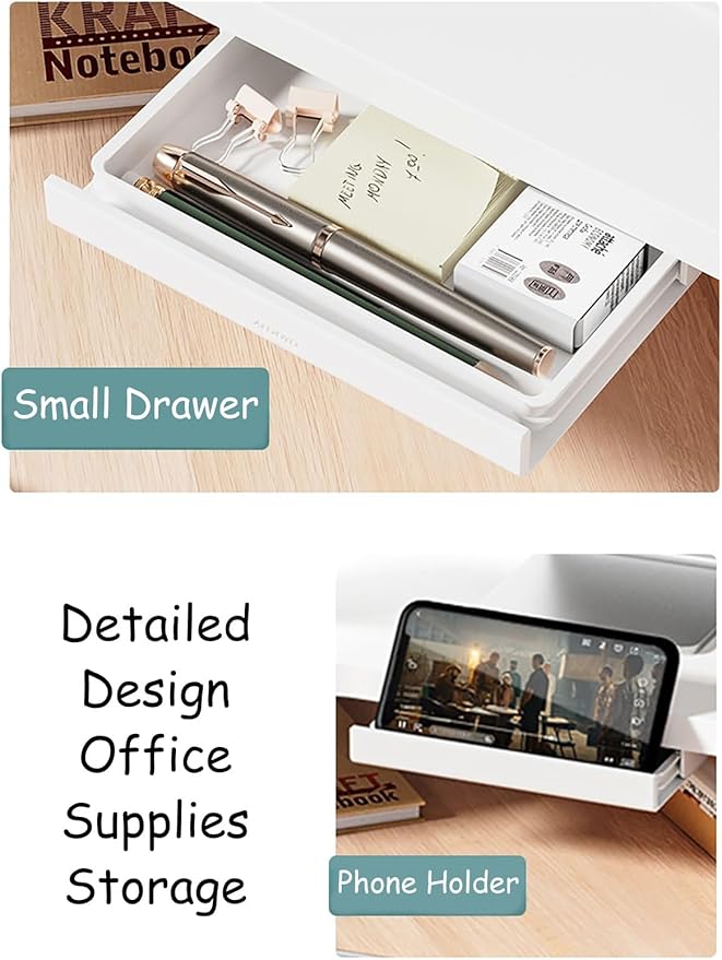ROYUMI Corner Monitor Stand - Clear Acrylic Leg & Wood Screen Stand, L-Shape Desk Triangle Riser for Monitor/Laptop/Computer, Organizer With Drawer (Brown)