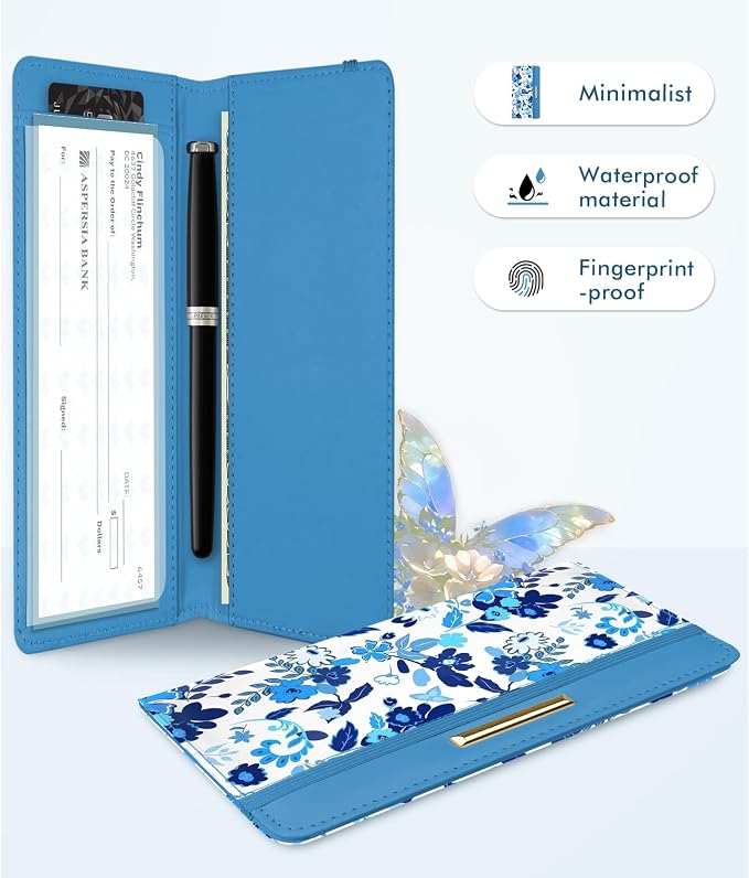 Letter Checkbook Cover, RFID Blocking Checkbook, Stylish, Lightweight, Slim Durable, Multi-Functional Checkbook Holder for Personal and Business Checks (Flower-Blue)