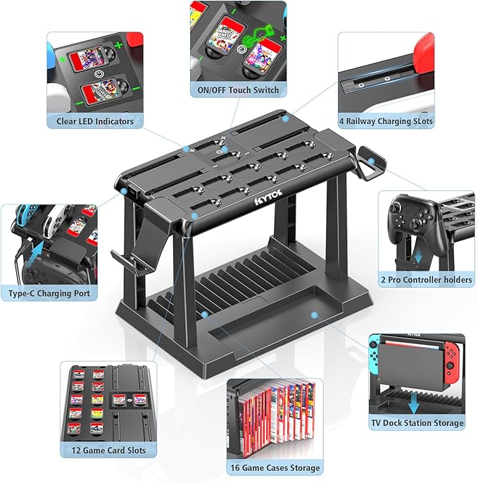 Switch Organizer Station with Controller Charger, Charging Dock for Nintendo Switch & OLED Joycons, Storage for Games, TV Dock, Pro Controller