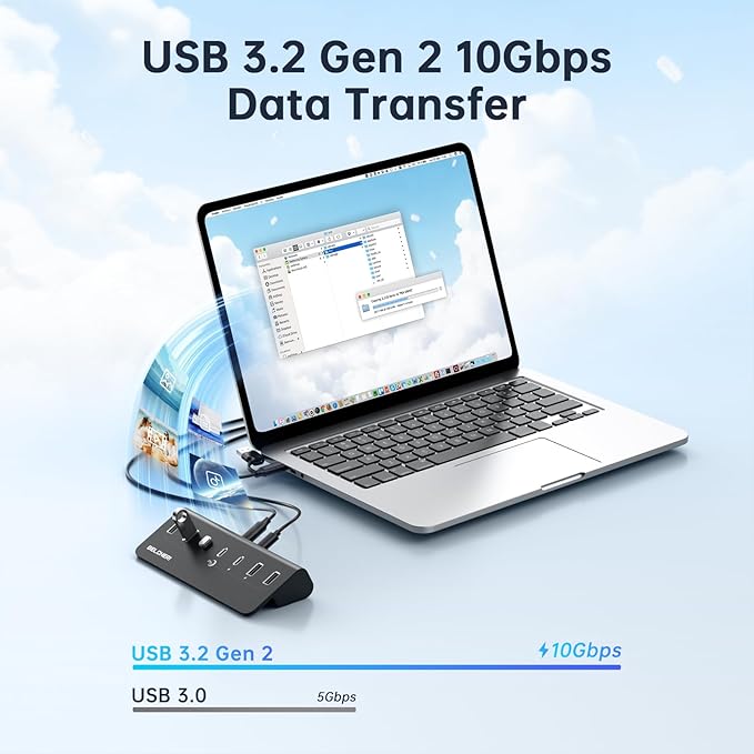7-Port Powered USB Hub, 10Gbps High-Speed Data USB Splitter (4 USB-A and 3 USB-C Ports), Aluminum Hub with 5V/3A Adapter, for Laptop, MacBook, iPhone 16/15