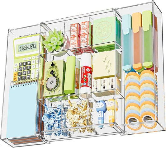 Marbrasse Expandable Desk Drawer Organizer, Clear Plastic Drawer Organizer Tray with 10 Adjustable Compartments, Desk Organizers and Accessories, 5 Drawer Dividers for Office Supplies, Makeup(Clear)