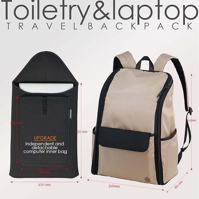Travel Laptop Backpack Large Hanging Toiletry Organizer Water-Repellent Hygiene Bag (Khaki+)