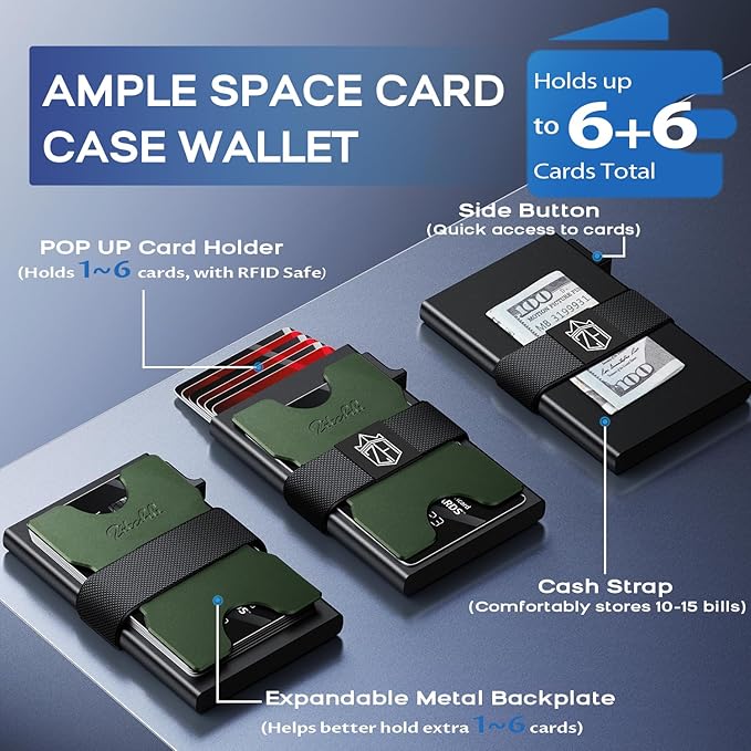 Zitahli Card Holder Wallets for Men - Slim Wallet Holds 6+6 Cards, Metal Card Holder, Minimalist RFID Blocking Wallets with Pop-Up Function, Ultra-Thin, Men's Accessories, Gifts for Him
