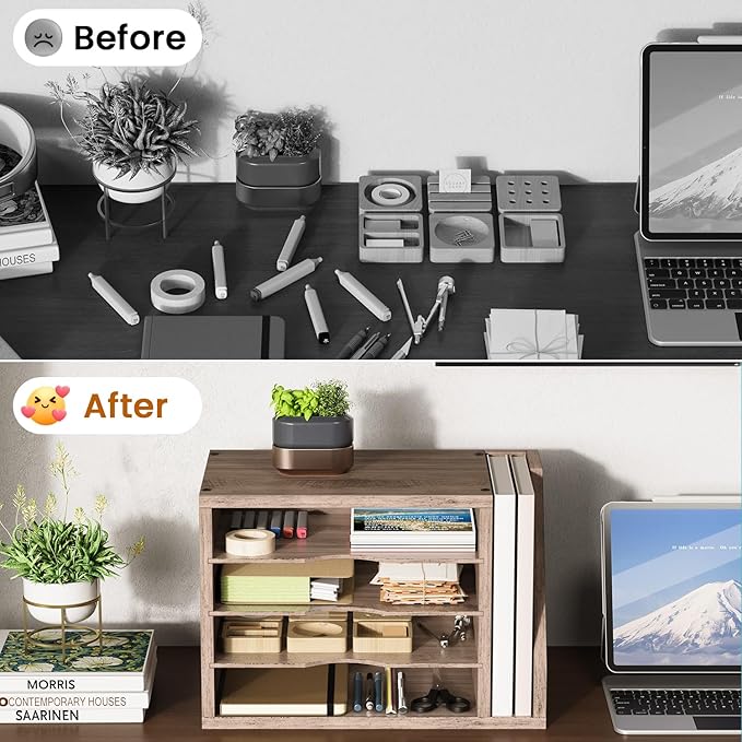 Creso hom Mail Sorter, File Organizer Desktop, Wood Desk Organizer with 3 Adjustable Shelves, Mail Holder for Office, Home, Letter Sorter File Holders for Envelopes, Mail Supplies Magazines, Greige