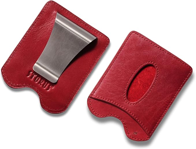 Storus Smart Money Clip Leather, Slim Minimalist Leather Card Holder + Metal Money Clip Made of Fine Italian Tanned Leather for Men, Women, Gift - Red Wine Color