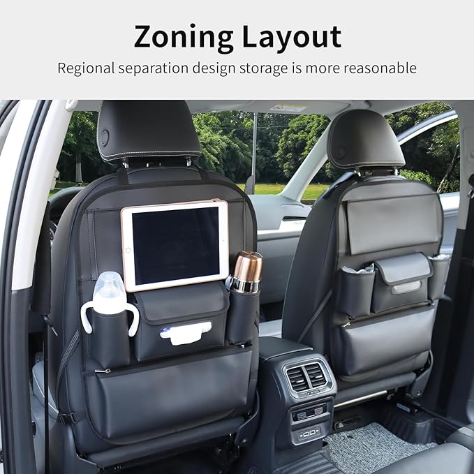 Viaviat Car Seat Organizers Waterproof Backseat Protector with Storage Pocket Large Leather Kick Mats for Kids Pets Automobile SUV Truck (Black, Large Pocket)