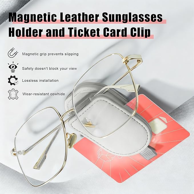 Sunglass Holder for Car Visor, Magnetic Leather Eyeglass Holder, Universal Car Sunglass Organizer Visor Accessories for SUV Truck Pickup, 2 Pack (Gray)