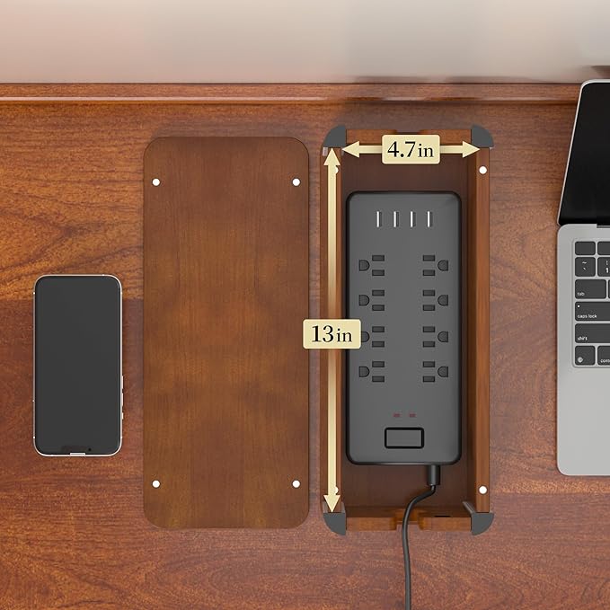 Delamu Wooden Cable Management Box, Retro-Inspired Look Desk Cord Organizer Box for Home Office, Large Cord Hider Box Hides Cords and Power Strips, Floor Cord Covers, 14.3" x 6.0" x 5.5", Dark Brown