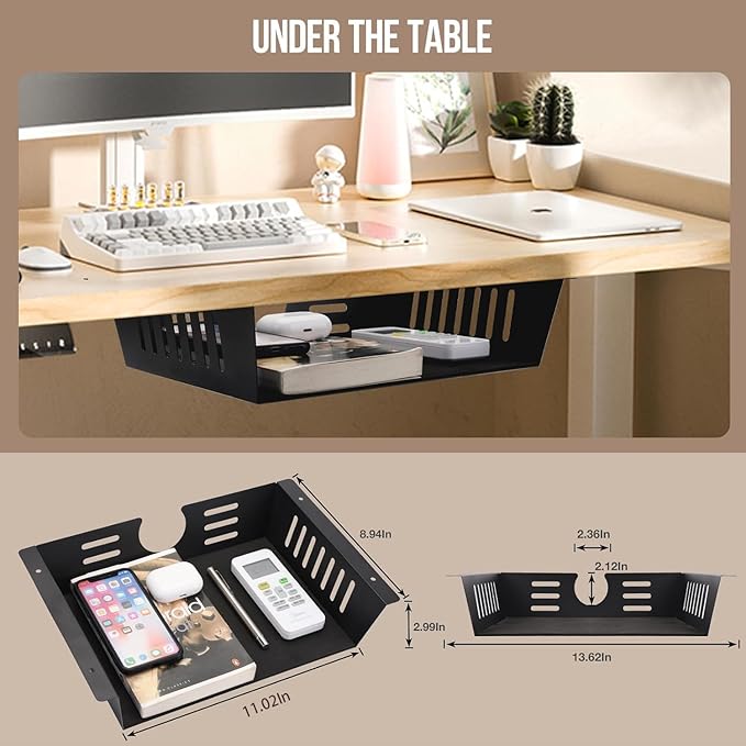 2 Pack Under Desk Shelf - Under Desk Storage Shelf Metals,Under Desk Organizer - Black Under Shelf Storage for Office Tables & Workstations（11 Inch）