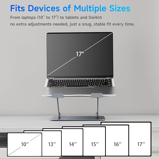 Laptop Stand - Adjustable Ergonomic Laptop Riser, Portable Foldable Aluminum Laptop Holder Perfect for Desk, Bed, Couch & Lap - Space Saving - Silver