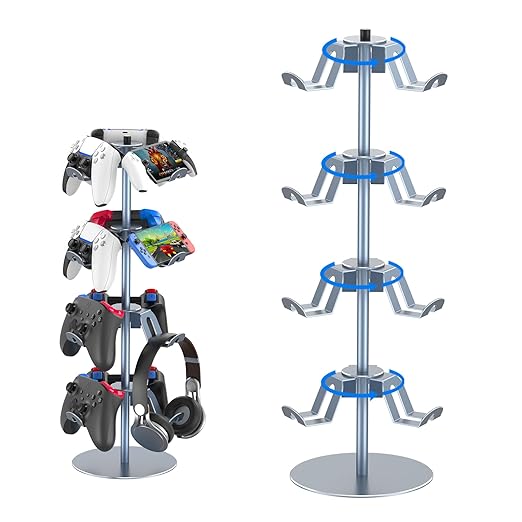 4 Tiers 360 Degree Rotatable Game Controller Stand for PS5 Xbox Nintendo Switch PS4, Aluminum Alloy Headset Controller Holder for Desk, Universal Gaming Headphone Stand Organizer Rack, Grey