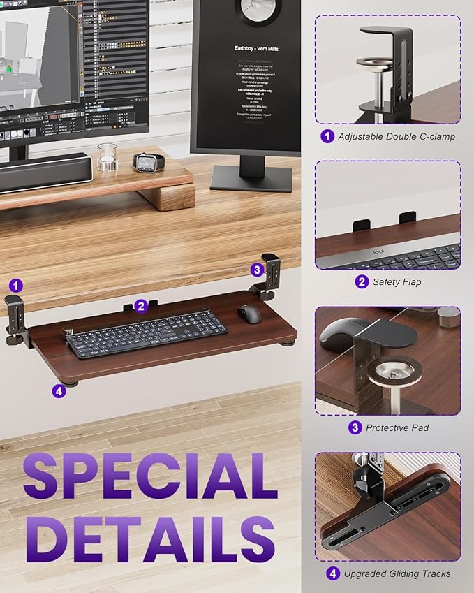 Ergonomic Keyboard Tray Under Desk, Pull Out with Adjustable C-clamp, 25.6 (31.5 Including Clamps) x 11.8 Inch Slide Out Computer Keyboard Drawer Mouse Tray for Typing, Large & Walnut