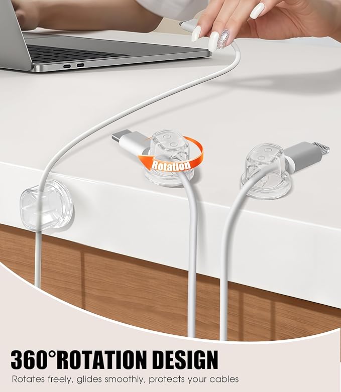 8 Pack Cord Organizer, Ω-Shaped Rotatable Cable Clips, Strong Adhesive Cable Management with Nails, Cord Holder for Nightstand, Desk, and Wall (Clear)