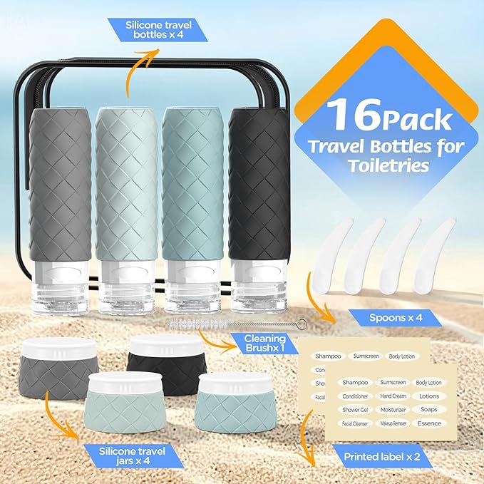 16 Pack Travel Bottles for Toiletries, TSA Approved Travel Size Toiletries Containers Set, BPA-Free Silicone Leak Proof Refillable Bottles Stackable Creams Jars Accessories Kit W/Clear Bag(Gray)