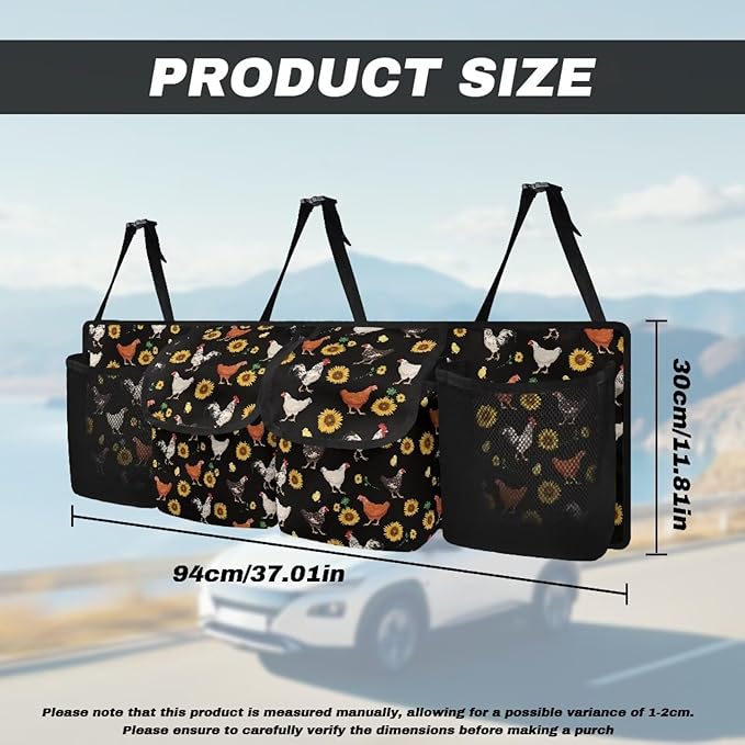 Sunflower Chicken Car Trunk Organizers for Women Back Seat Trunk Organizer Hanging Car Organizer Foldable Storage Bag with Adjustable Stra & 4 Pocket