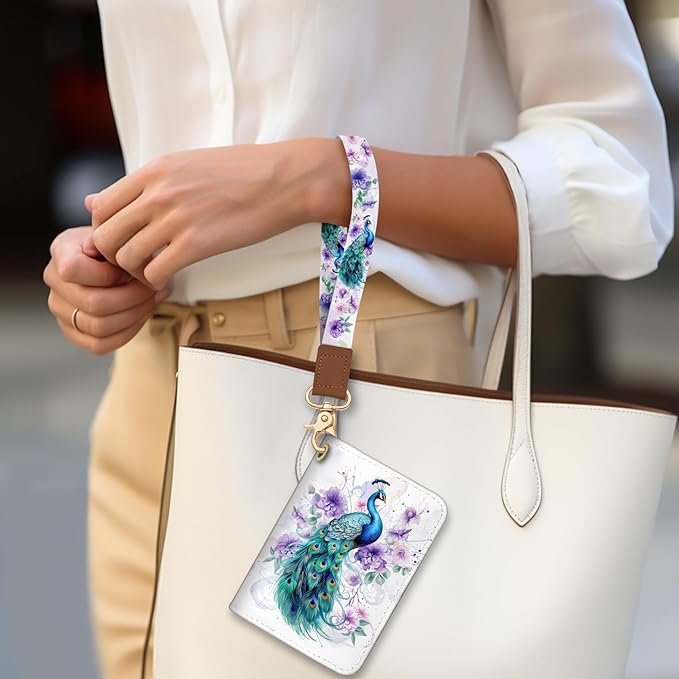Blusabaca Credit Card Holder for Women, Peacock Small RFID Blocking Wallet with Wristlet Strap, Keychain Wristlet Zipper Women Wallet, Leather Card Case, Accordion Card Wallet Purse with Key Lanyard