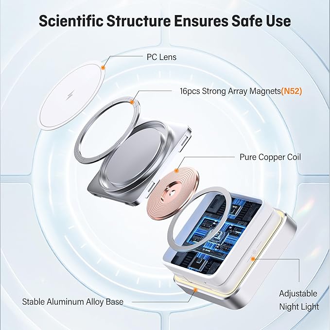 【2026 Upgraded】Wireless Charger 3 in 1, Foldable Wireless Charging Station with Light for Apple MagSafe Charger, Travel Magnetic Charger for iPhone 17/16/15/14/13/12 Apple Watch AirPods (20W Adapter)