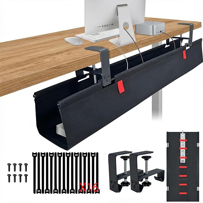 Under Desk Cable Management,No Drill 36",cord organizer,with Silicone Pads (No Scratch!)16 Cable Ties,Washable PE Honeycomb Base,Clamp/Screw Mount-Fits Any Desk 0-2.1",No Stinky Cardboard! Black