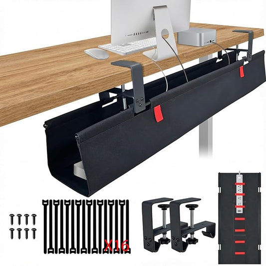 Under Desk Cable Management,No Drill 36",cord organizer,with Silicone Pads (No Scratch!)16 Cable Ties,Washable PE Honeycomb Base,Clamp/Screw Mount-Fits Any Desk 0-2.1",No Stinky Cardboard! Black