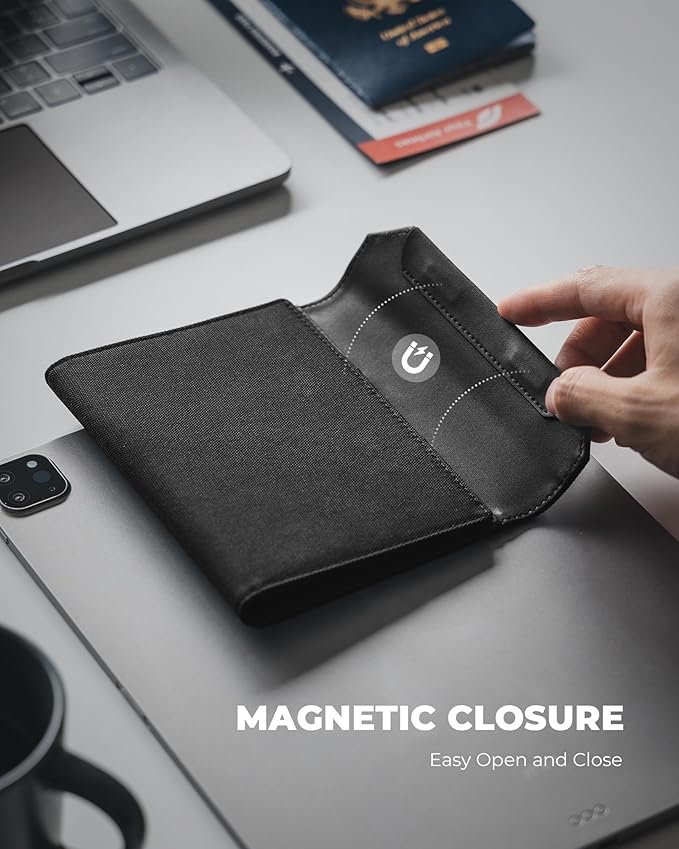 VULKIT RFID Blocking Leather Passport & Card Holder, Dual Person Travel Passport Wallet with Secure Magnetic Closure, Black