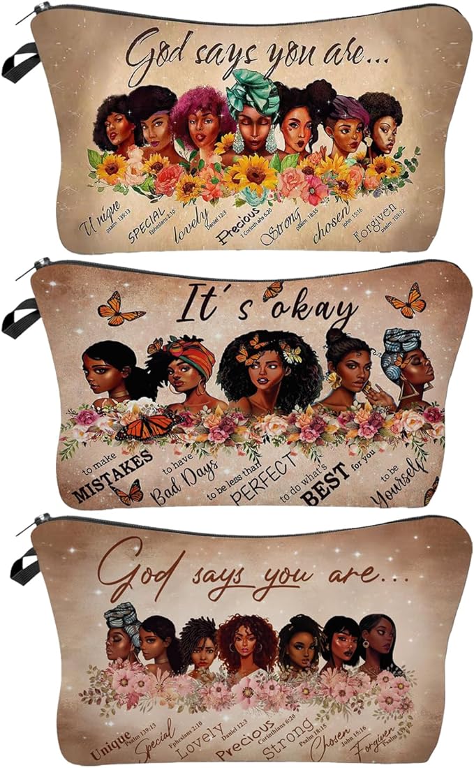 3 Pack African American Makeup Bag for Purse, Afro Black Cosmetic Bags for Women, Inspirational and Funny Gifts, Small Travel Pouches, Bulk Cosmetic Cases
