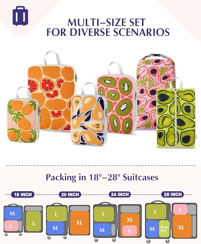 Gonex Compression Packing Cubes, 6pcs Expandable Storage Travel Luggage Bags Organizers with Shoe Bag Laundry Bag, Travel Cubes for Suitcase Carry On (Fruit)
