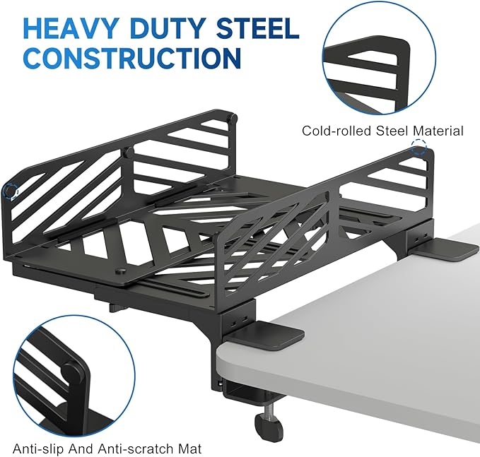 Suptek Clamp-on Desk Extender PC Desk Mount Holder,Standard and Large Gaming Computer Case Stand, Adjustable Width PC Mount, Black