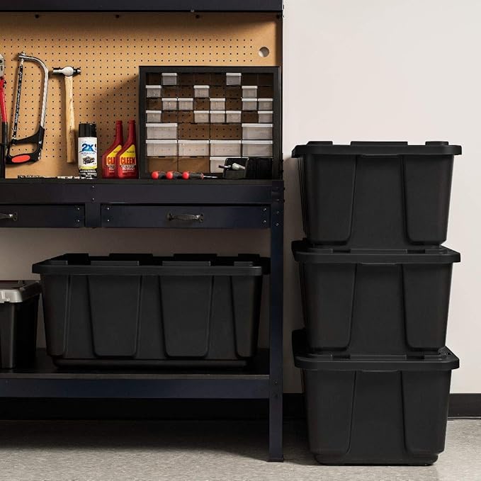 IRIS USA 4-Pack 27 Gallon Storage Bins with Lids |Made in USA| Heavy Duty Plastic Tote Containers for Truckbed Tool Box Organization, Large - Black