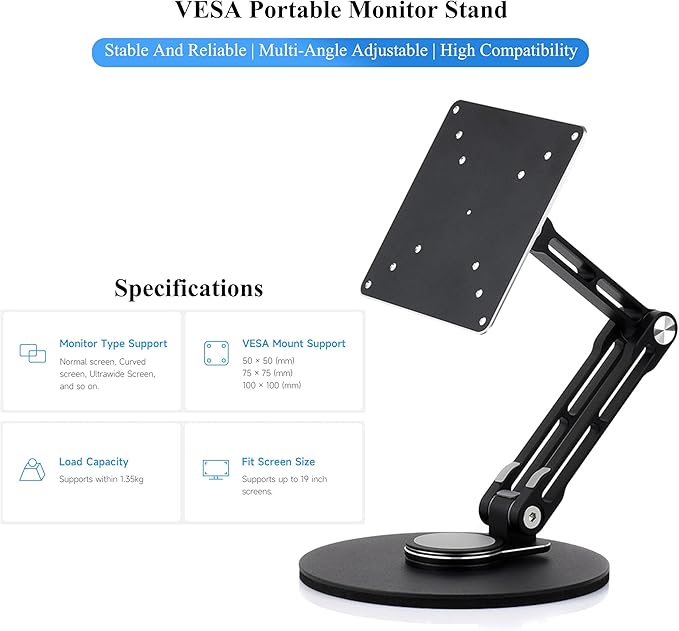 VESA Monitor Stand, Compatible with Up To 19inch Monitors, Supports 50 x 50 / 75 x 75 / 100 x 100 (mm) VESA Mounting Holes,Supports Multi-axis Rotation, Portable Adjustable Foldable