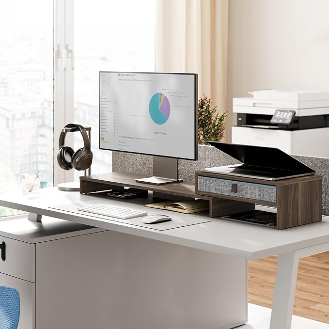 Fenge Computer Monitor Riser Stand with Drawer for 2 or 3 Monitors ,Adjustable Length and Angle Desktop Laptop Stand,Office Organizer,Printer